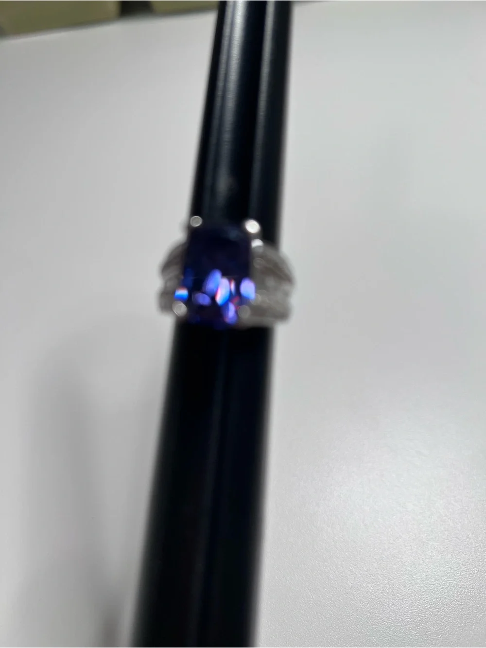 925 Sterling Silver Blue CZ Ring Cushion Cut Stone Set w/ Clear Accents Size 7
